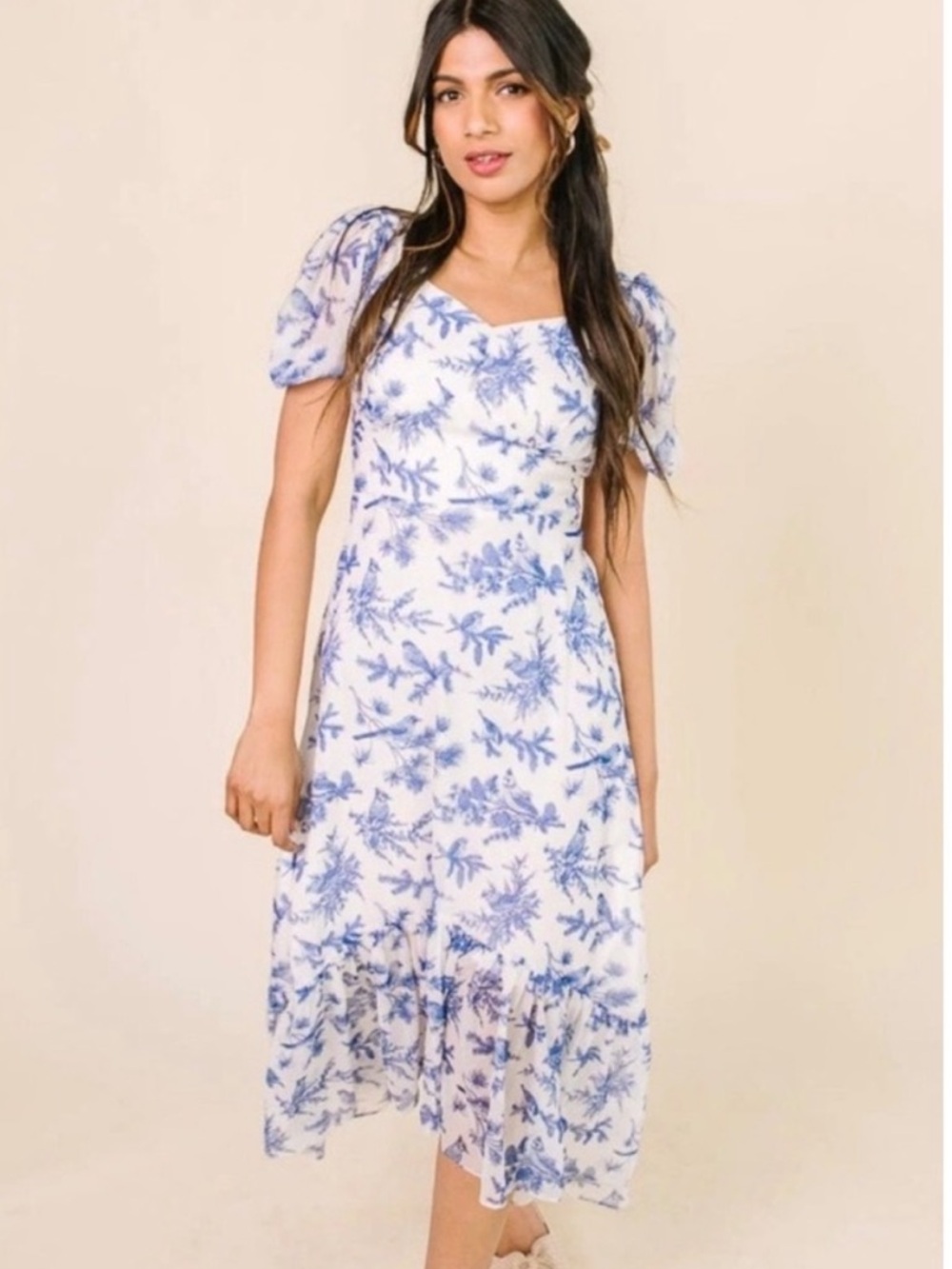 Wren Blue Floral Puff-Sleeve Midi Dress